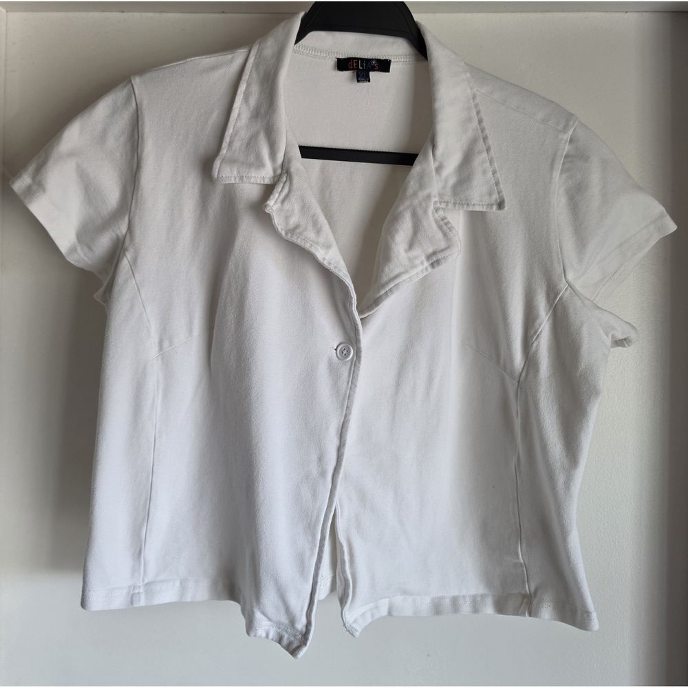 dELiA*s Women XL White Collared Short Sleeve Button-Up Shirt Top Y2K